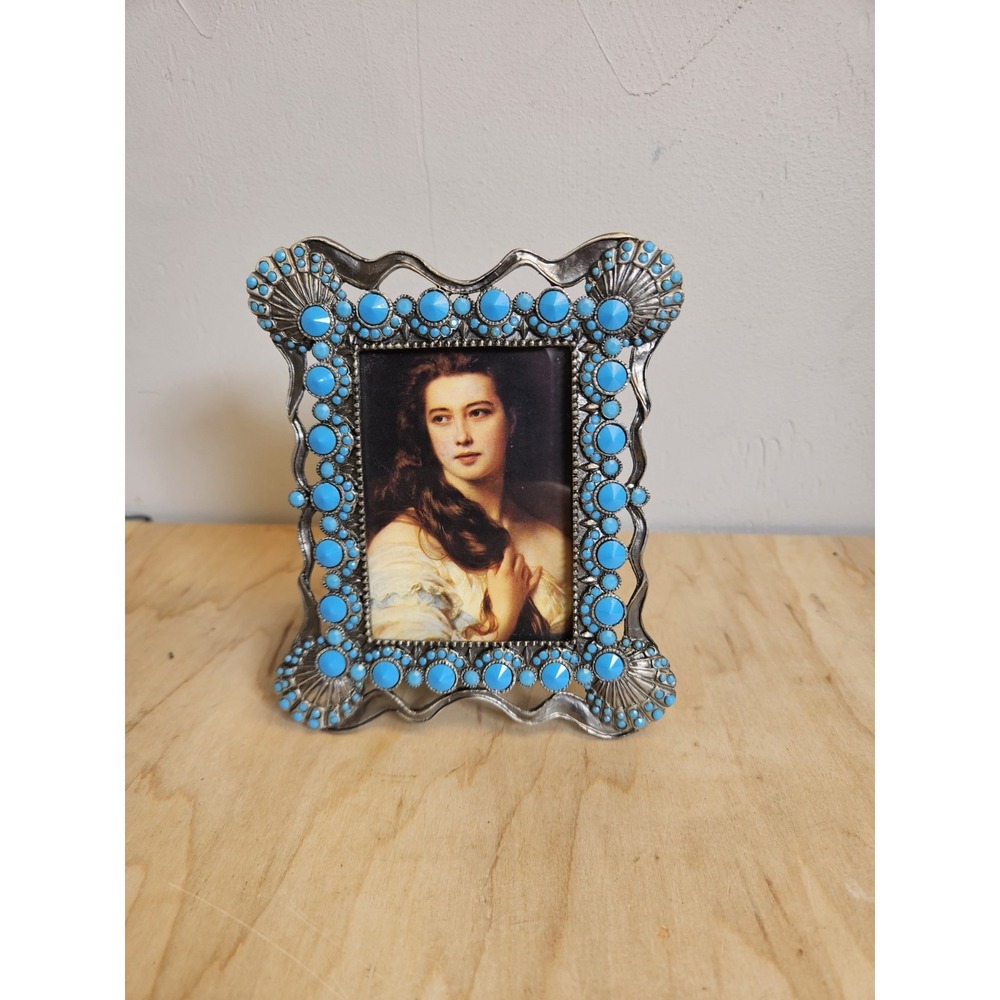 Western Turquoise Blue Silver Tone Jeweled Photo Frame Southwestern Decor
